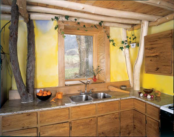 Load-bearing hickory (on left) and soft maple trees (on right) weave throughout the ceiling into the room upstairs. The kitchen cabinets came from a burr oak skidded by Marcia and Steven's horses and milled at an Amish sawmill 16 years ago.